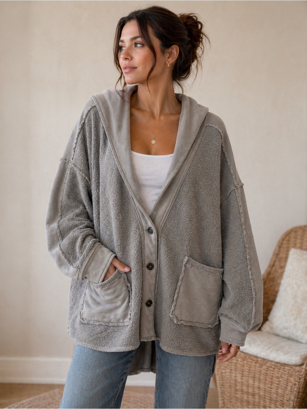 Free People Neutral Taupe Beige Textured Cardigan